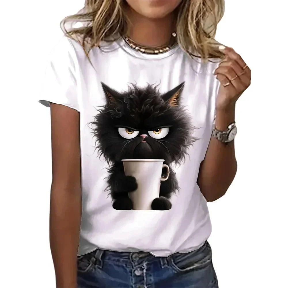 Charming Cat Print Summer Tee-Nextora